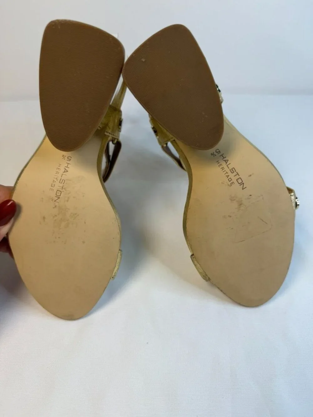 Halston Heritage Mica Sandal Womens Size 5.5M Gold & Bronze Studded Block Heel - Picture 10 of 15